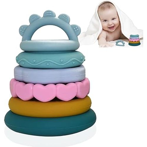 Baby Teething Toy, Hollow Chicken Silicone Teething Toys, Soft Baby Chew Toys for Sucking Needs, Bells can be Installed, Suitable for Babies of Any Age(Blue+Pink)