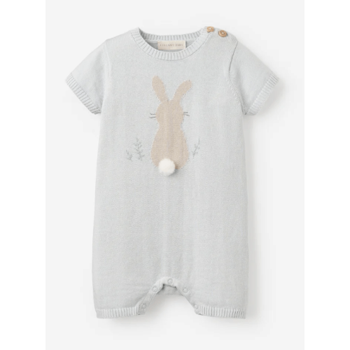 Pale Blue Bunny Knit Shortall Romper, 6-9M