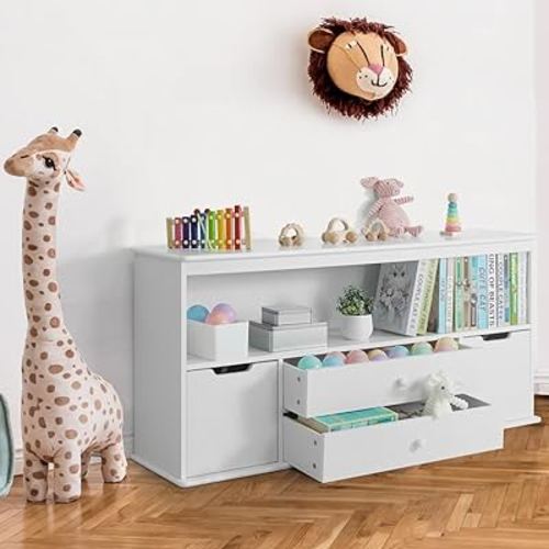 CAPHAUS Toy Storage Organizer w/ 4 Drawers, 52”W x 13”D x 24.4”H, Toy Organizer Bookcase, Toy Storage Organizer Bins with Shelf, Bookshelf for Reading, Storing, Playing for Kids, Boys & Girls, White