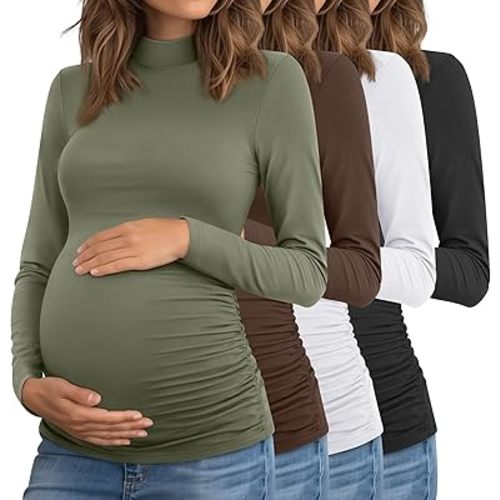 Riyiper 4 Pack Women's Maternity Shirts, Pregnancy Long Sleeve Tops Ruched Sides Pregnant Tees Mama Mock Turtleneck Clothes