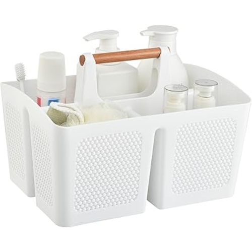 Haundry Plastic White Shower Caddy Basket with 3 Compartments, Portable Divided Bathroom Cleaning Caddy Organizer Storage Tote with Handle for Dorm, College, Room Essentials