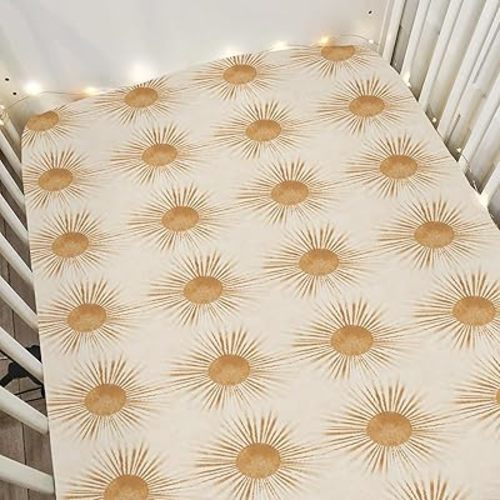 Vintage Golden Sun Baby Crib Sheets for Boy Girl 52x28Inch Tribal Sun Totem Soft Stretchy Fitted Crib Mattress Cover Boho Sun Baby Sheet for Standard Crib & Toddler Mattress Pads