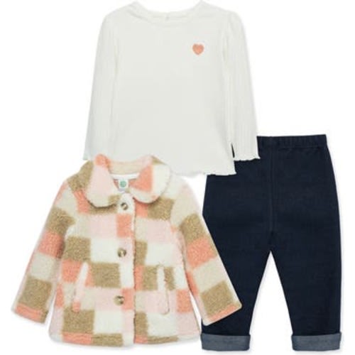 Baby Check High Pile Fleece Jacket, Long Sleeve Top & Jeans Set, Blue