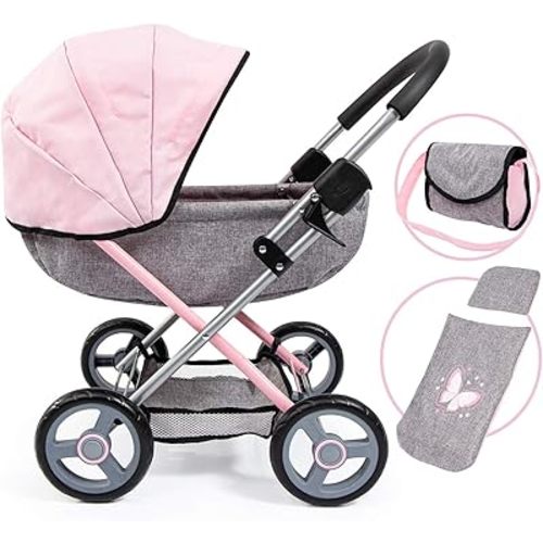 Bayer: 4-in-1 Toy Baby Doll Pram Stroller Cosy Set - Dolls Up to 18" (Pink/Grey) | Baby Dolls | Pretend | Dress up | Accessory