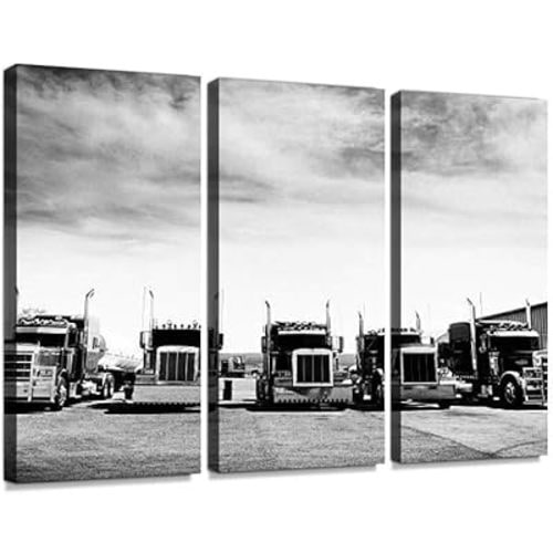 Trucks Convoy, California Black And White Print On Canvas Wall Artwork Modern Photography Home Decor Unique Pattern Stretched and Framed 3 piece