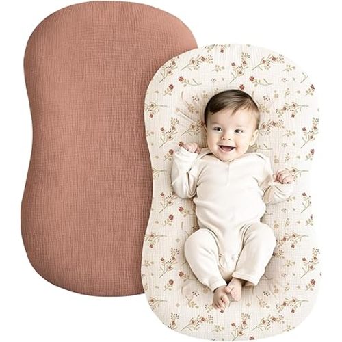 Konssy Muslin Baby Lounger Cover 2 Pack, 100% Cotton Newborn Lounger Cover, Soft and Breathable Lounger Slipcover for Boys Girls, Covers Only (Chestnut, Posy)