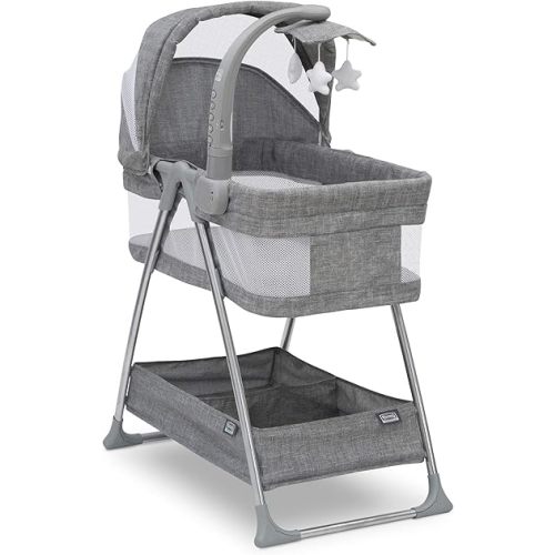 Simmons Kids City Sleeper Bedside Bassinet Portable Crib - Activity Mobile Arm with Nightlight, Vibrations, Twinkle Lights and Rotating Stars, Grey Tweed