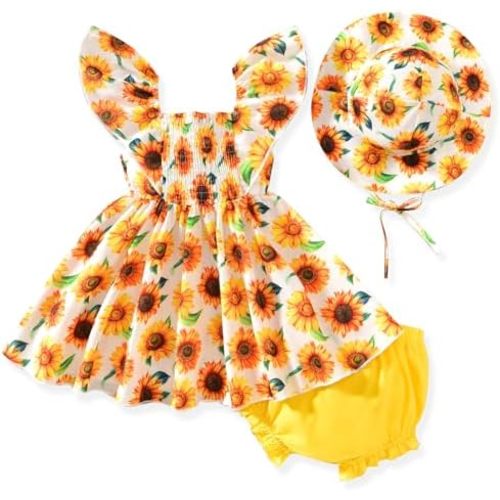 0-24 Months Baby Girl Summer Smocked Dresses Clothes Infant Toddler Ruffle Sleeve Bowknot Tops Shorts Set Outfits