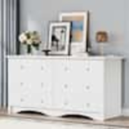 LACOO Creaser 58 in. White Dresser with Power Outlet, 6-Drawers Dresser for Bedroom, Chest of Drawers, Wooden Dressers V-WD-1002-WT