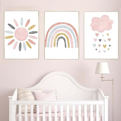 Nursery Wall Prints Pink Sunshine Rainbow Cloud Canvas Wall Art, Child Wall Art Poster Boho Nordic Wall Pictures for Girls Baby Kids Room Decor, Set Of 3 Cute Cartoon Prints Girls Room Wall Decor
