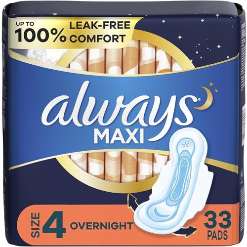 Always Maxi Pads Size 4 Overnight Absorbency Unscented with Wings, 33 Count - Overnight (Size 4)