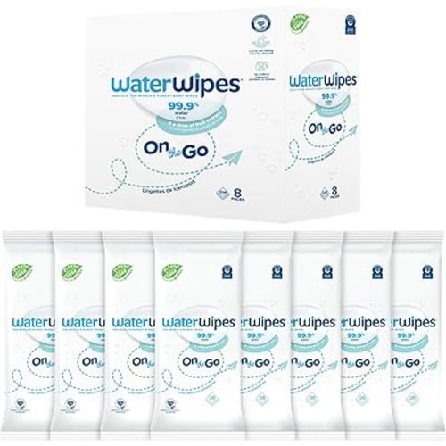 WaterWipes On The Go Wipes, 99.9% Water-Based Wipes for Travel, Sports, and to Refresh Skin, Unscented & Hypoallergenic, 224 Count (8 Packs)