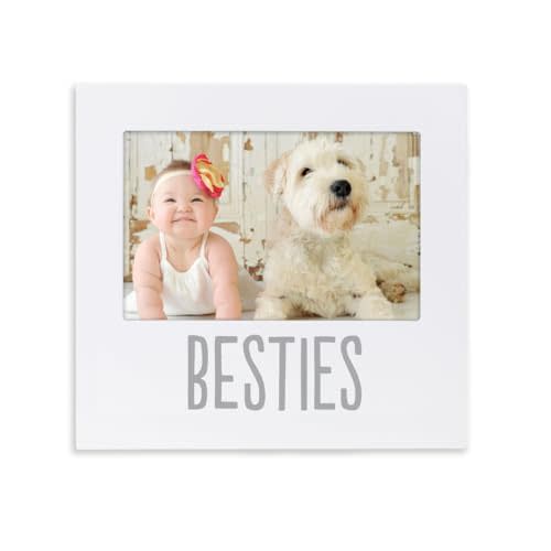 Pearhead Bestie and Baby Keepsake Frame - Wood Photo Frame for Baby and Pet, with Easel Back and Wall Hanger, Holiday Gifts, Perfect Gender Neutral Nursery Decor and Shower Gift, White