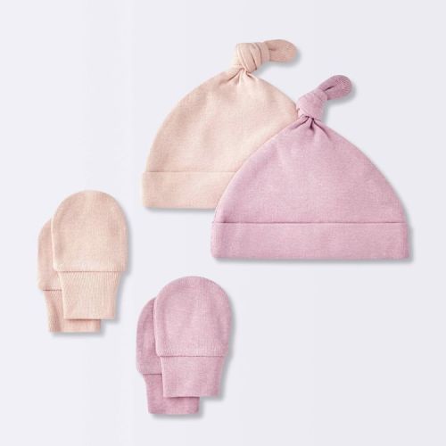 Baby Girls' Hat and Mitten Combo Bonnets - Cloud Island™ Pink 0-3M: Cotton, Double-Layered, Knot Detail, Machine Washable