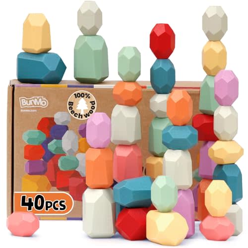BUNMO 40pcs Wooden Stacking Blocks - Montessori Toys 3 Years Old - Educational Building Blocks for Fine Motor Skills - Fun Stacking Toys for 3+ Years Old Boys and Girls - Round Edges (Non Mouthable)