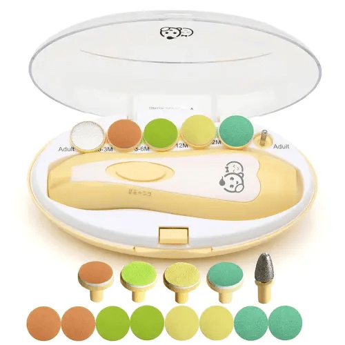 Baby Nail Trimmer 21 in 1, Usage Labeled Case & 13 Extra Replacement Tools, Royal Angels Baby Electric Nail File, Baby Nail Care, Nail Clipper Newborn Toddler Toes & Fingernails Nail Kit (Yellow)