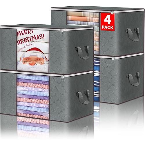 Budding Joy Clothes Storage, Foldable Large Storage Bags, Storage and Organization for Clothing, Blanket, Comforter, Clothes, Pillows, Toys, Closet Organizers with Enhanced Handle, 60L 4 Pack