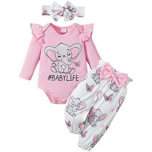 Baby Girls 0-18 Months Elephant Pattern Romper and Pants Outfit