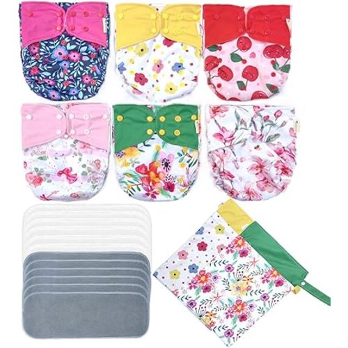 Reusable Diapers Castle Cat Anti Leakage AWJ Double Gussets 6 Diaper Covers 12 Inserts 2 Wet Dry Bags (Girl Prints 05)