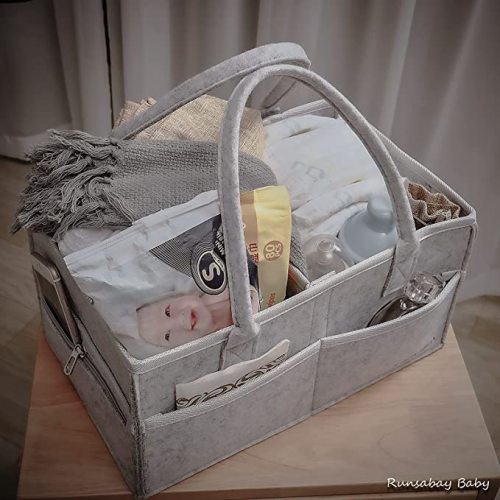 Runsabay. Baby Diaper Caddy Organizer - Portable Nursery Storage Basket Bin for Changing Table - Car Organizer for Diapers - Best Shower Gift Basket for Newborns Registry - Large - Grey