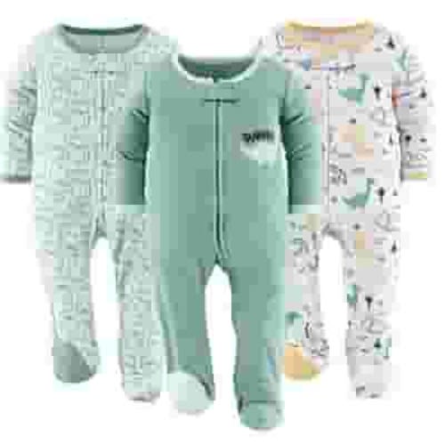 The Peanutshell Baby Sleep n Play Footed Pajamas for Baby Boys, Green Dino, 3 Pack, 3-6 Months
