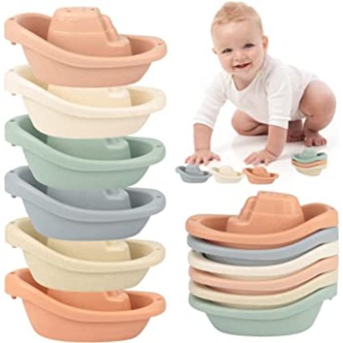 Stacking Boats Bathing Toys, Baby Bath Toys Neutral Bath Toys for Baby Stackable Bathtub Toys Toddler Mold Free Bath Toys Pool Toys Beach Toys Eco-Friendly Wheat Straw Bath Boat for Kids, 6 Pack