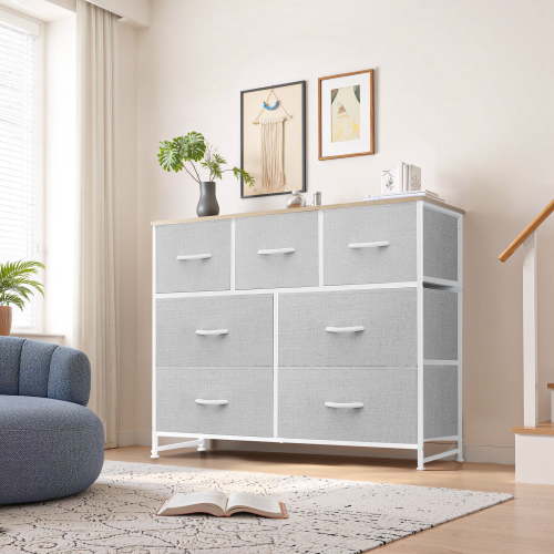 Beddle Dresser with 7 Fabric Drawers for Bedroom, Wide Storage Chest with Drawer Organizer for Closet or Living Room, Light Gray