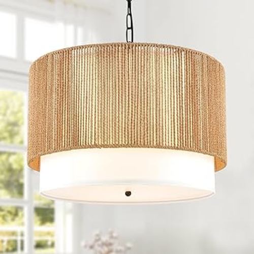 Rattan Chandelier Light Fixture,5-Light Dining Room Light Fixture,Boho Rustic Pendant Light Farmhouse Large Chandeliers for Dining Room Wicker Hanging Light Fixtures for Kitchen Island