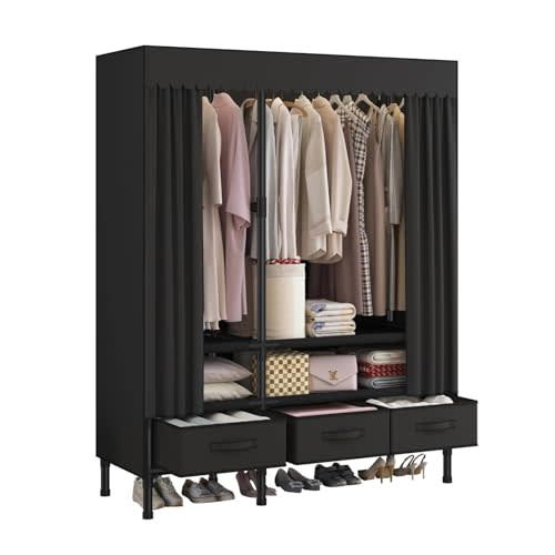 Portable Closet with Drawers 43.3"x17.7"x65.7" Wardrobe Closet Black | Portable Closet for Hanging Clothes, Fabric Drawers and Hanging Rod, Portable Wardrobe Storage for Bedroom or Dorm Use