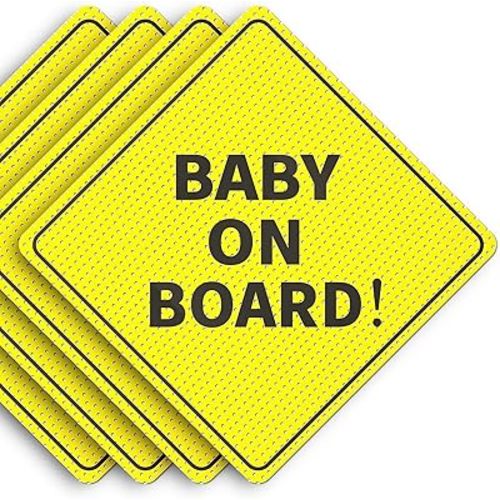 Baby On Board Sticker Sign - Essential for Cars - 4 Pack, 5" by 5" - Bright Yellow and SEE-THROUGH when Reversing - Best Safety Signs - Non-Magnetic Sticker - Durable and Strong Adhesive