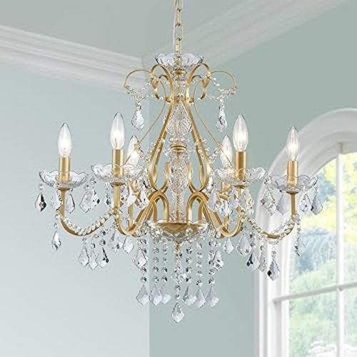 BESTIER Gold Vintage Candle Chandelier Crystal Lighting Fixture Lamp for Dining Room Bathroom Foyer Livingroom 6 E12 Bulbs Required D24 in x H26 in
