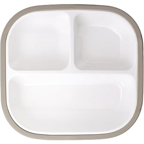 BABELIO 8'' Toddler Porcelain Plates with Silicone Suction Sleeves, Lead & BPA Free, Divided, Microwave & Dishwasher Safe, Stay Put, Suitable for Kids/Babies, Silver Gray