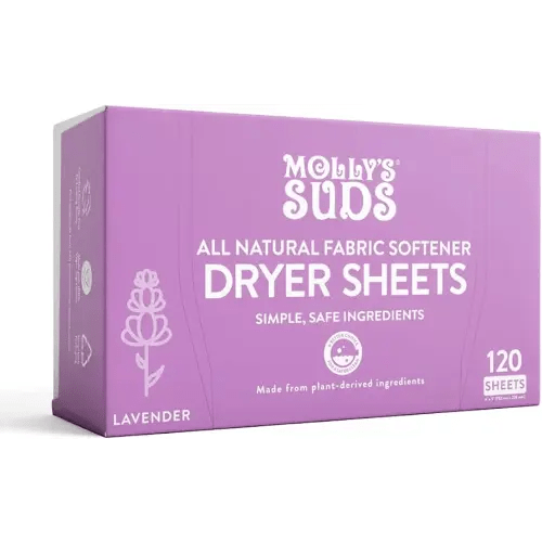 Molly's Suds Fabric Softener Dryer Sheets for Sensitive Skin | Plant-Based Static Reducer, Plastic-Free Packaging | Lavender (120 Sheets)