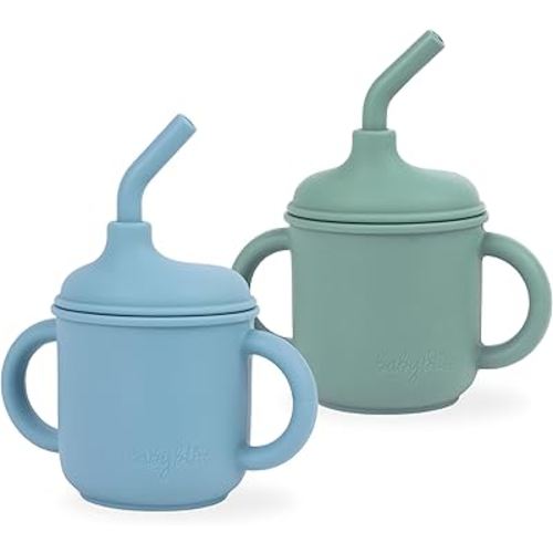 Baby Bliss - Baby Sippy Cups | 3-in-1 Sippy Cup with Straw, Sippy Cups for Babies 6 Months +, Baby Straw Cup, Toddler Baby Cup with Silicone Straw, 5OZ (Dusty Blue & Leafy Green)