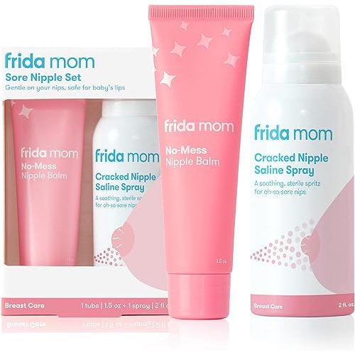 Frida Mom Nipple Cream and Saline Spray Set, Breastfeeding Essentials for New Moms, Cracked Nipple Saline Spray and No-Mess Cream, 2pc Set