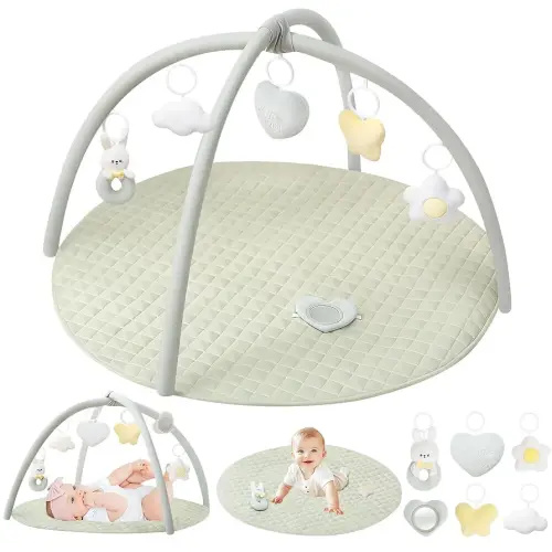 Baby Play Gym and Tummy Time Mat - Plush Play Mat with 6 Detachable Toys for Babies 0-6-12 Months, Baby Activity Mat Promote Motor Skill Development, Sage Green