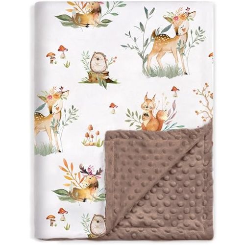 BOPRIO Baby Blankets for Boys Girls, Super Soft Nursery Minky Toddler Blankets with Woodland Animals and Leaves Design Dotted Fleece Backing, Warm Bed Blankets for Newborn Infants Brown