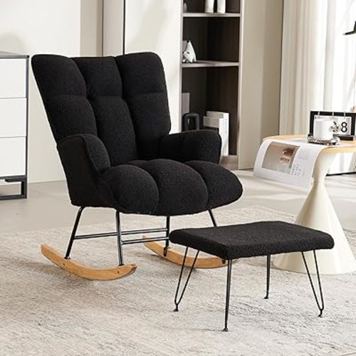 Rocking Chair Nursery, Upholstered Teddy Glider Rocker for Nursery with High Backrest, Modern Rocking Reading Chair,Black Glider Chair with Ottoman for Bedroom, Nursing, Living Room(Black)