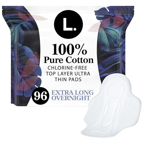 L. Ultra Thin Pads for Women, Overnight Absorbency, 100% Pure Cotton Top Layer, Unscented Pads with Wings, 96 CT (4 Packs of 24) (Packaging May Vary)