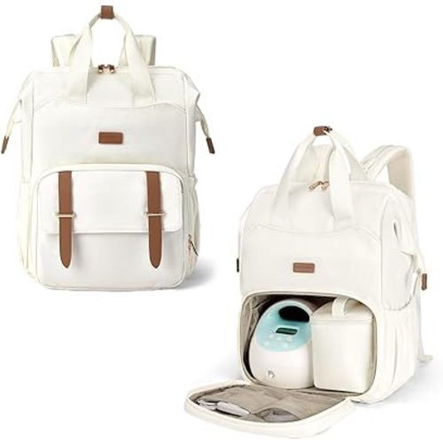 mommore Diaper Bag Backpack, Breast Pump Backpack for Spectra S1,S2 Medela Pumping Backpack for Working Moms with 15.6 inch Laptop Sleeve, Off White
