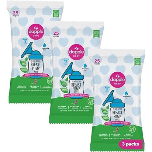 Breast Pump Wipes by Dapple Baby, Hypoallergenic & Powered by Plants, Removes Milk Residue, Leaves No Taste, Convenient Wipes Pouch, Fragrance Free, 25 Count (Pack of 3)