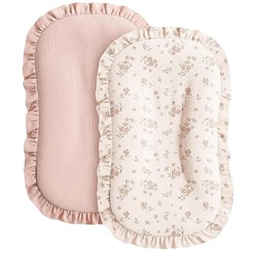 Konssy Muslin Baby Lounger Cover 2 Pack, 100% Cotton Newborn Lounger Cover, Soft and Breathable Lounger Slipcover for Boys Girls, Covers Only (Pink,Flower Blossom)