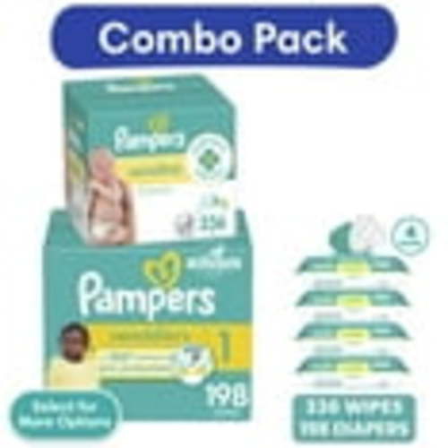 Pampers Swaddlers Diapers, Size 1, 198 Count and Pampers Sensitive Baby Wipes Unscented, 4 Pack, 336 Total Count