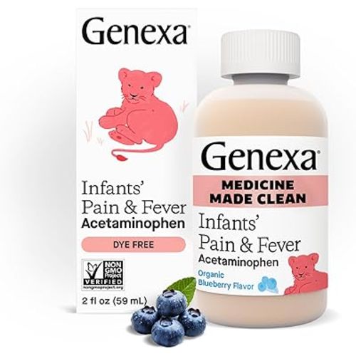 Genexa Infants’ Clean Pain & Fever Acetaminophen, Dye Free, 0% Artificial Additives, Delicious Organic Blueberry Flavor, Liquid Oral Suspension Medicine for Baby, 160 mg per 5mL, 2 fl oz