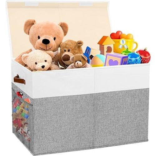 Large Toy Storage Box with Lid, Collapsible Sturdy Toys Storage Organizer Chest Bin Basket with Mesh Divider for Kids, Boys, Girls, Closet, Playroom, Bedroom, Nursery, 26"x17"x17" (Gray and White)