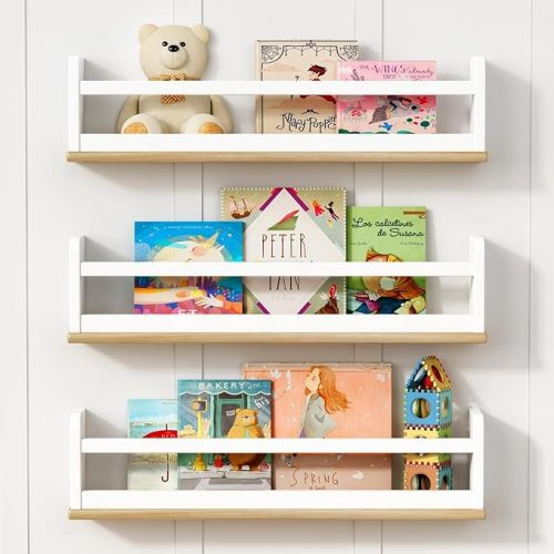 Nursery Wall Bookshelf for Kids Room Set of 3, 24 Inch Floating Book Shelves for Baby Boys Girls Bedroom, Large Wood Mounted Hanging Bookshelves for Toddlers Childs (White and Natural) - 23.6 Inch - 1. White & Natural