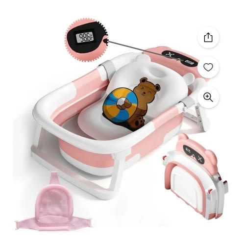 stusgo Collapsible Baby Bath Tub, Folding Infant Bath Tub with Cushion and Thermometer, Pink