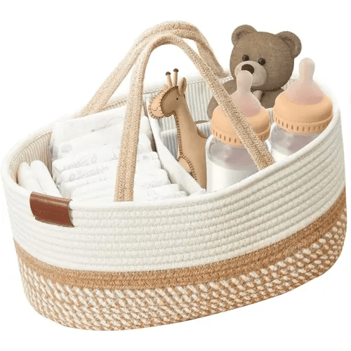 DECOMOMO Diaper Caddy, Baby Diaper Caddy Basket, Diaper Organizer for Changing Table Girl Boy Gift (Spiral Beige & White, Large)