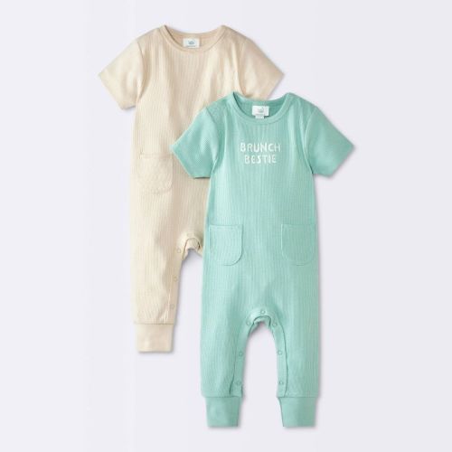 Baby 2pk Brunch Jacquard Short Sleeve Romper - Cloud Island™ Green/Tan 6-9M