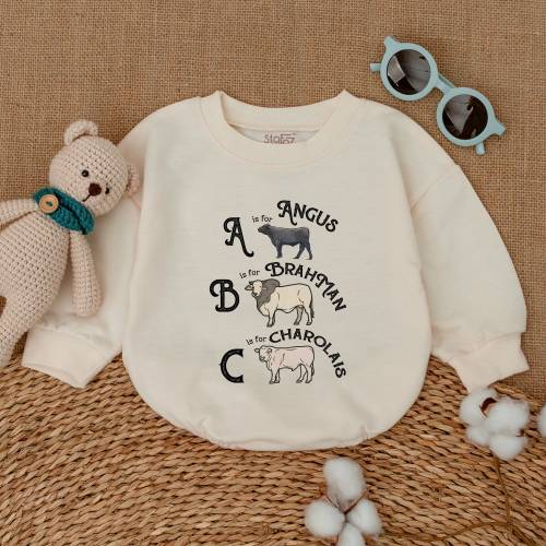Cow Alphabet Romper, Cute Farm Animal Cow Baby Bodysuit, Cow Species Romper, Western Baby Gift, Newborn Bubble Romper, Baby Announcement